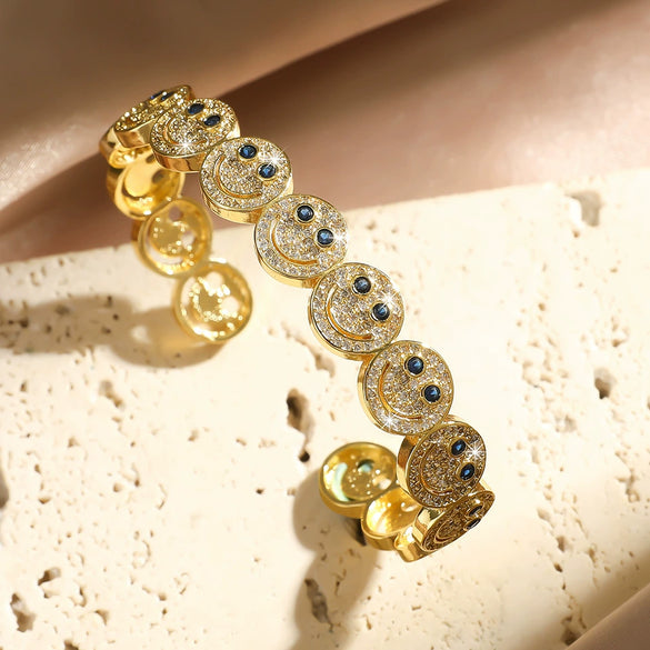 Wholesale Women's Fashionable Open Bracelet With Smiling Face Micro Inlaid Zircon Geometric Style Made Of Copper