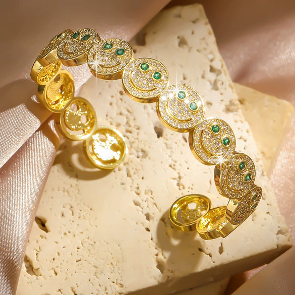Wholesale Women's Fashionable Open Bracelet With Smiling Face Micro Inlaid Zircon Geometric Style Made Of Copper