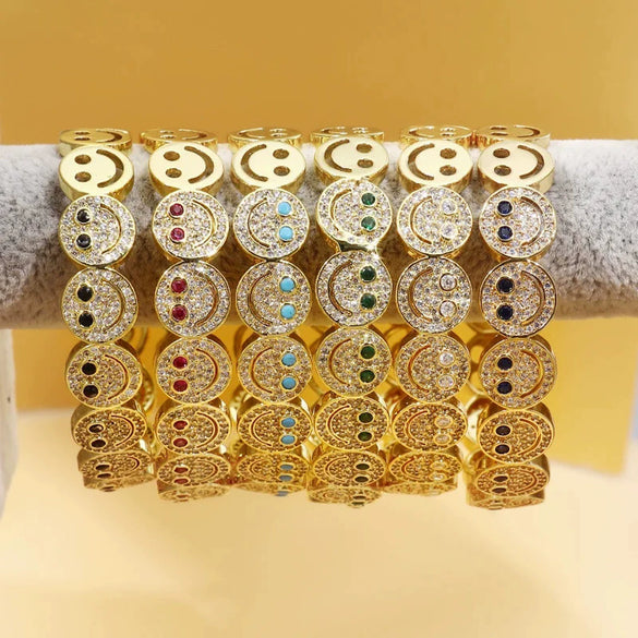 Wholesale Women's Fashionable Open Bracelet With Smiling Face Micro Inlaid Zircon Geometric Style Made Of Copper