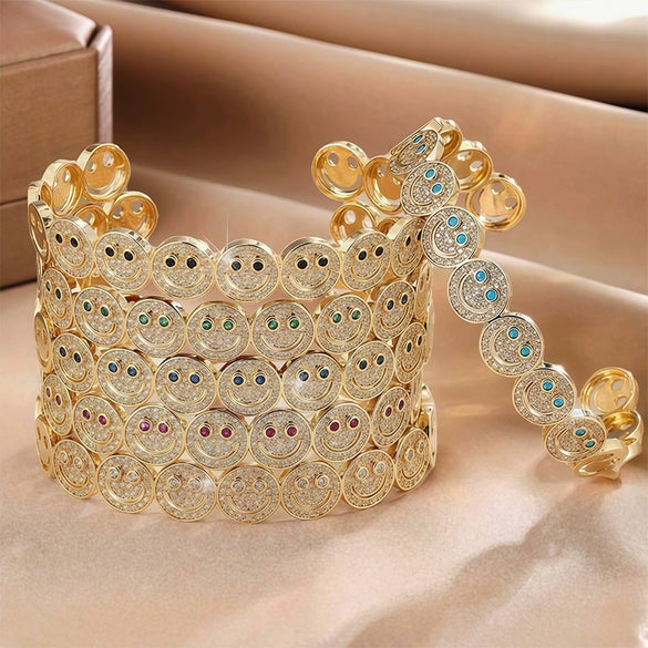 Wholesale Women's Fashionable Open Bracelet With Smiling Face Micro Inlaid Zircon Geometric Style Made Of Copper