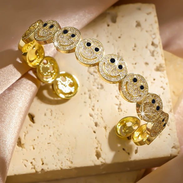 Wholesale Women's Fashionable Open Bracelet With Smiling Face Micro Inlaid Zircon Geometric Style Made Of Copper