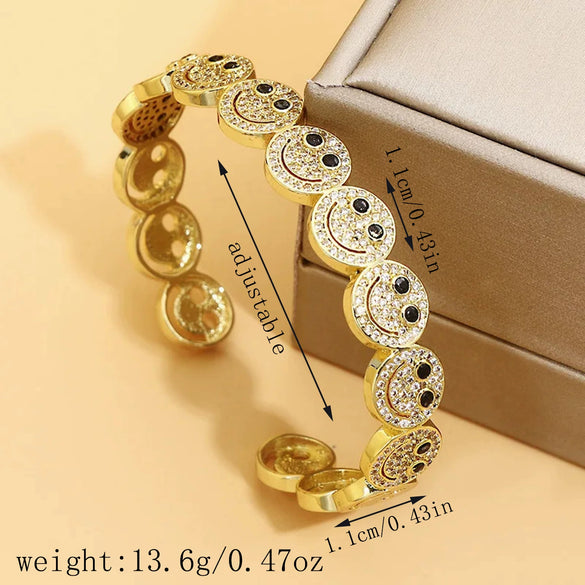 Wholesale Women's Fashionable Open Bracelet With Smiling Face Micro Inlaid Zircon Geometric Style Made Of Copper