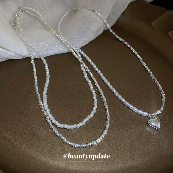 Wholesale Women's Fashionable Retro Lovely Pearl Stitching Double Layer Clavicle Chain Necklace With Heart Shaped Pendant And Pearl Chain