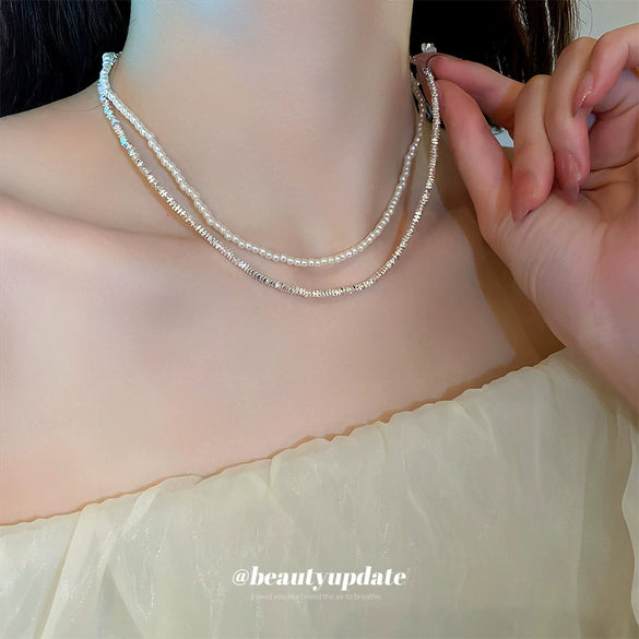 Wholesale Women's Fashionable Retro Lovely Pearl Stitching Double Layer Clavicle Chain Necklace With Heart Shaped Pendant And Pearl Chain