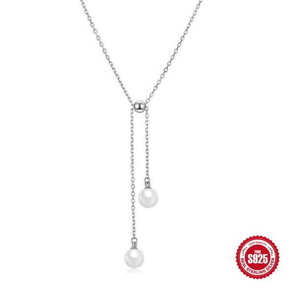 Wholesale Women's Fashionable Simple Classic Pearl Y Shaped Retractable Adjustable Pendant Necklace In 925 Sterling Silver With Geometric Pattern And Electroplating
