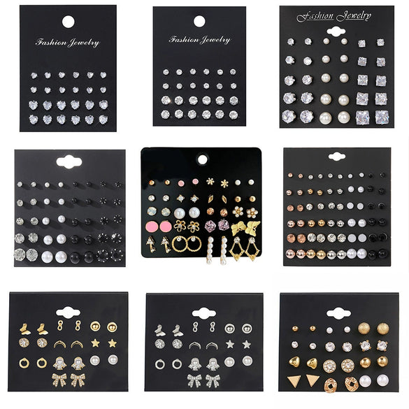 Wholesale Women's Fashionable Simple Versatile Mixed Materials Flower Shaped Earrings Set With Diamonds