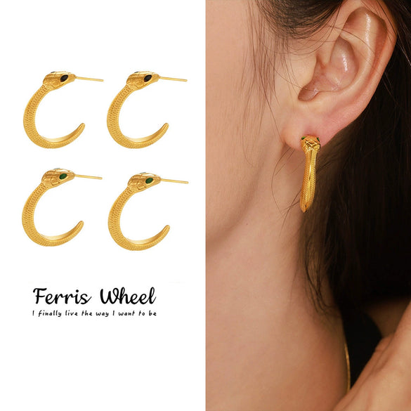 Wholesale Women's Ferris Wheel Frenchstyle Snakeshaped Geometric Green Zircon Stainless Steel Goldplated Earrings