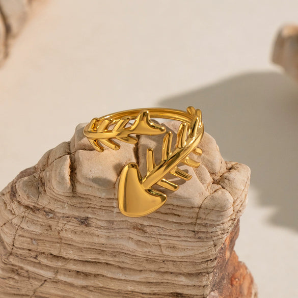 Wholesale Women's Fishboneshaped Open Ring Stainless Steel Real Gold Plated Animal Style Fashion Jewelry
