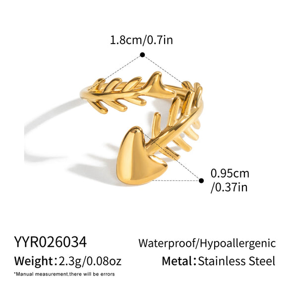 Wholesale Women's Fishboneshaped Open Ring Stainless Steel Real Gold Plated Animal Style Fashion Jewelry