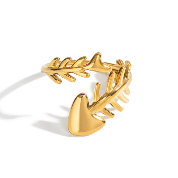 Wholesale Women's Fishboneshaped Open Ring Stainless Steel Real Gold Plated Animal Style Fashion Jewelry