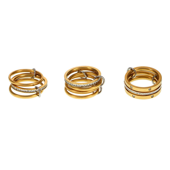 Wholesale Women's Fivering Color Matching Zircon Ring In Stainless Steel With Pvd Plated 18K Real Gold And Geometric Design