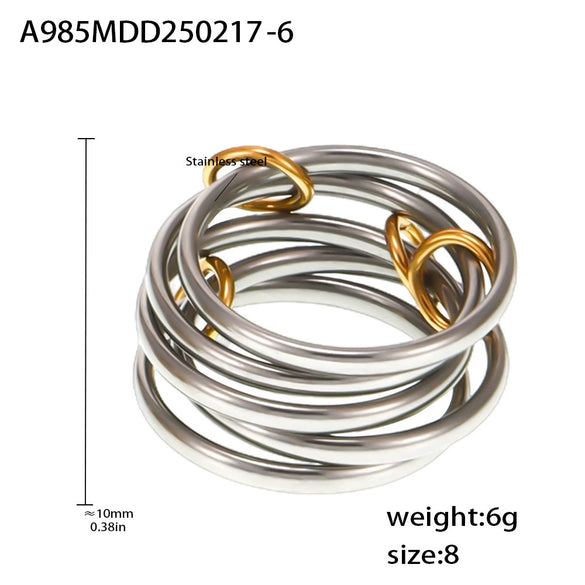 Wholesale Women's Fivering Color Matching Zircon Ring In Stainless Steel With Pvd Plated 18K Real Gold And Geometric Design