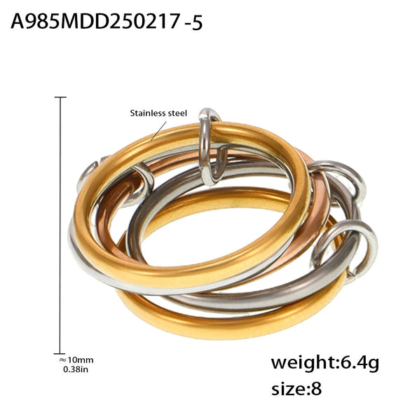 Wholesale Women's Fivering Color Matching Zircon Ring In Stainless Steel With Pvd Plated 18K Real Gold And Geometric Design