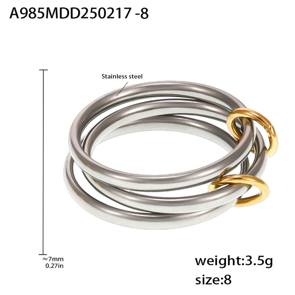 Wholesale Women's Fivering Color Matching Zircon Ring In Stainless Steel With Pvd Plated 18K Real Gold And Geometric Design