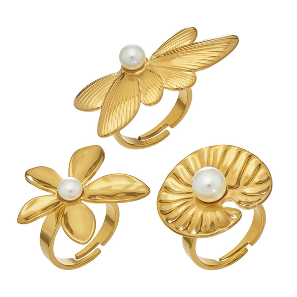Wholesale Women's Floral Geometric Stainless Steel Electroplated Open Index Finger Ring Set
