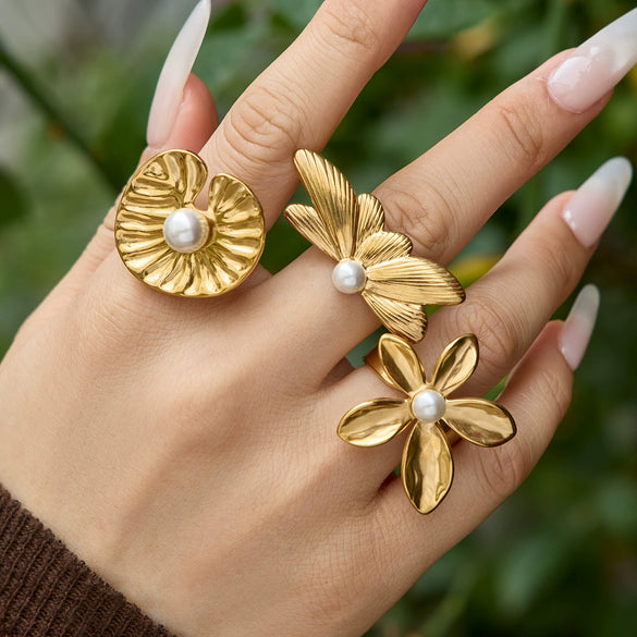 Wholesale Women's Floral Geometric Stainless Steel Electroplated Open Index Finger Ring Set