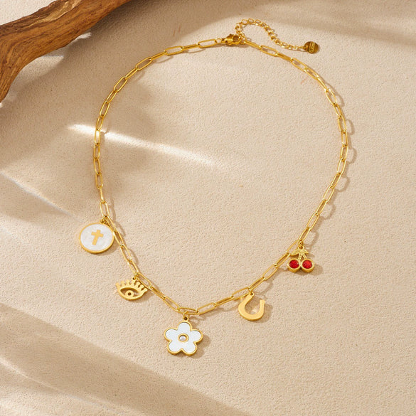 Wholesale Women's Floral Stainless Steel Electroplated Round Cross Pendant Necklace With Diamond Cherry Eye