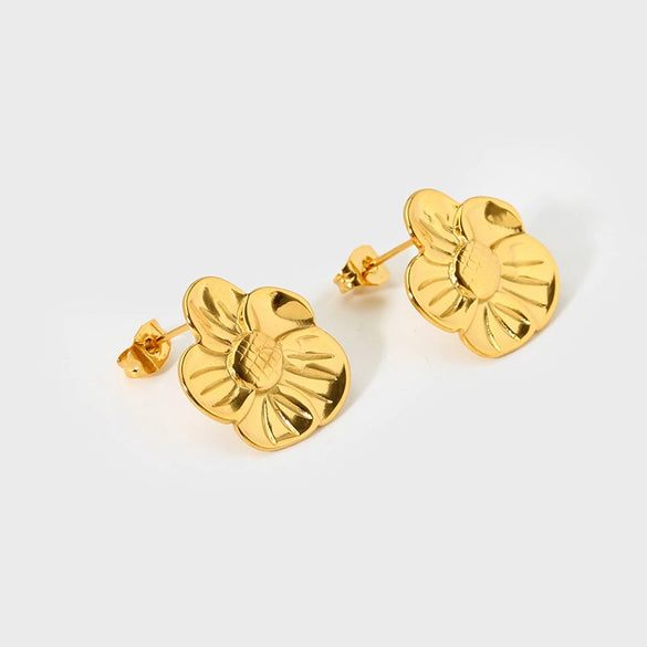 Wholesale Women's Floral Stainless Steel 18K Goldplated Earrings And Rings Jewelry Set