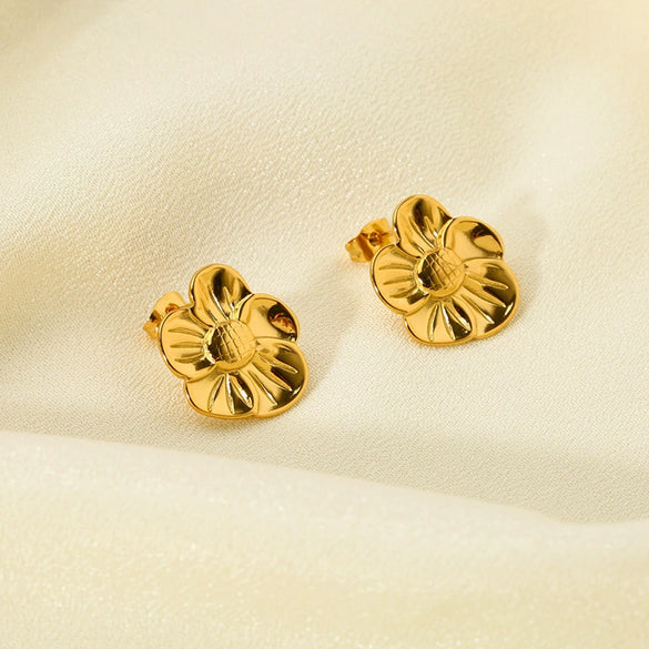 Wholesale Women's Floral Stainless Steel 18K Goldplated Earrings And Rings Jewelry Set