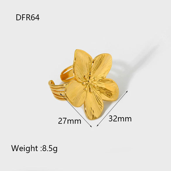 Wholesale Women's Floral Stainless Steel 18K Goldplated Earrings And Rings Jewelry Set