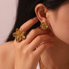 Wholesale Women's Floral Stainless Steel 18K Goldplated Earrings And Rings Jewelry Set