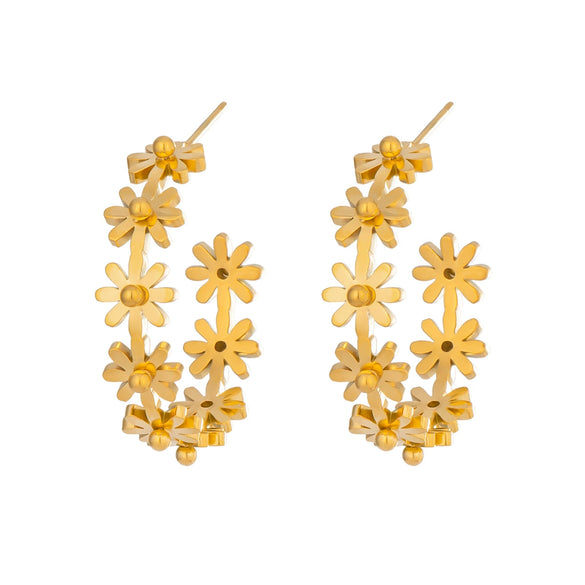 Wholesale Women's Flower Cshaped Stainless Steel Vacuum Real Gold Plated Earrings