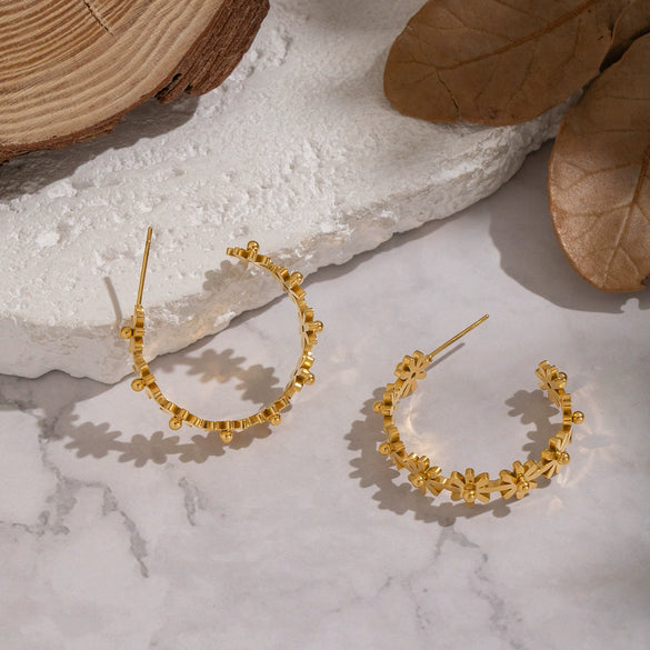 Wholesale Women's Flower Cshaped Stainless Steel Vacuum Real Gold Plated Earrings