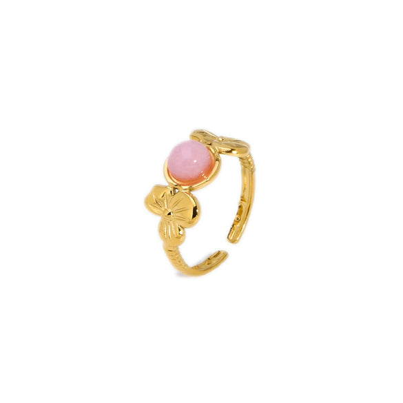 Wholesale Women's Flower Ring Stainless Steel With 18K Gold Inlay And Round Natural Stone Pvdp Furnace Real Gold Treatment
