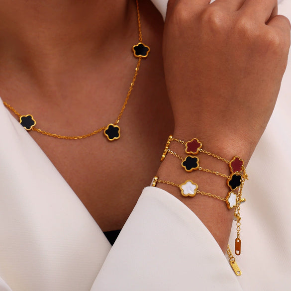 Wholesale Women's Flower Shape Jewelry Set Inlaid With White Sea Shell Acrylic Titanium Steel Ochain Electroplated