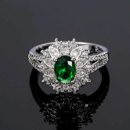 Wholesale Women's Flowershaped Copper Emerald Zircon Ring