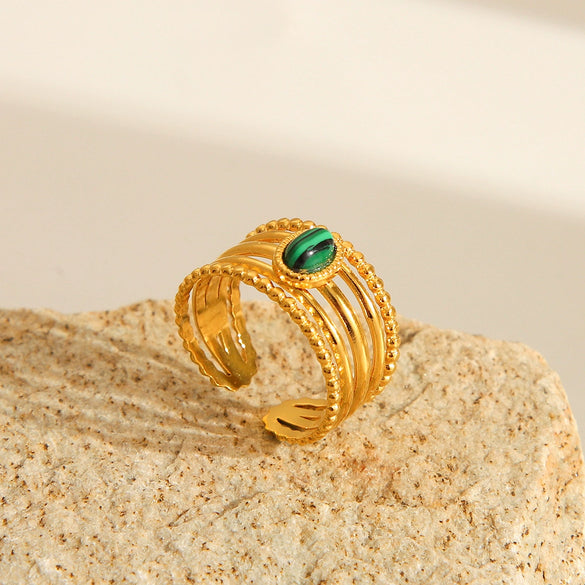 Wholesale Women's French Court Style Open Ring Titanium Steel Natural Malachite Hollow Geometric Electroplated