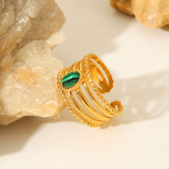 Wholesale Women's French Court Style Open Ring Titanium Steel Natural Malachite Hollow Geometric Electroplated