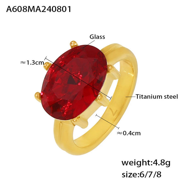 Wholesale Women's French Court Style Oval Glass Stone Ring In Titanium Steel Plated With 18K Gold And Geometric Design