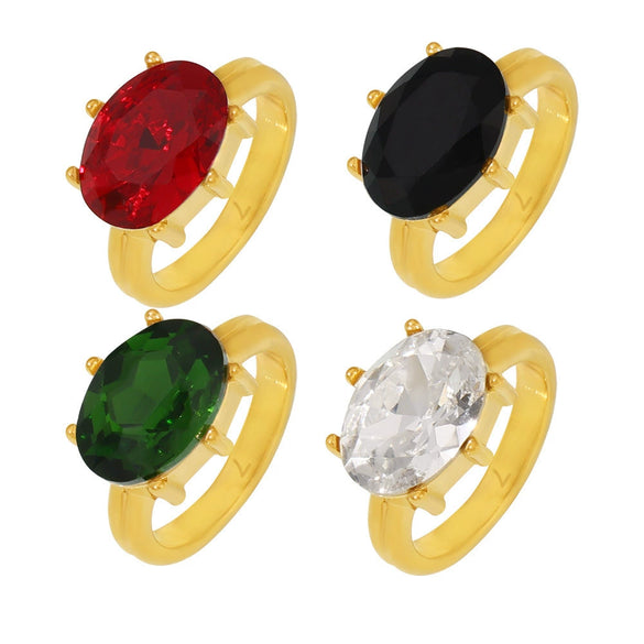 Wholesale Women's French Court Style Oval Glass Stone Ring In Titanium Steel Plated With 18K Gold And Geometric Design
