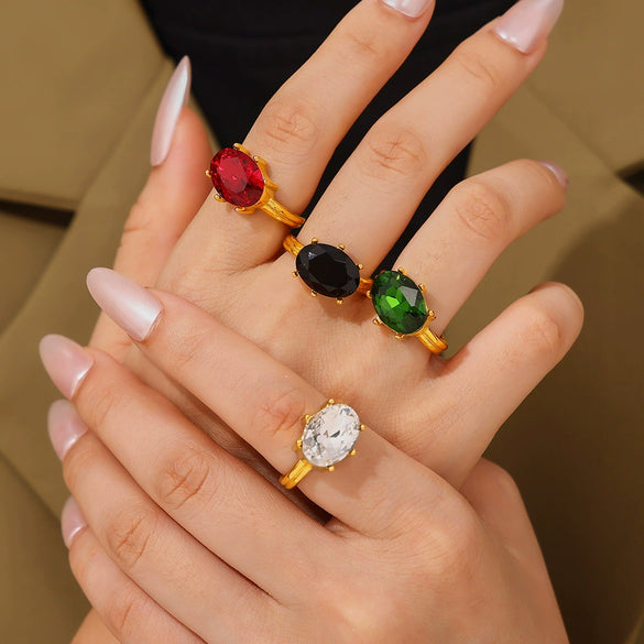 Wholesale Women's French Court Style Oval Glass Stone Ring In Titanium Steel Plated With 18K Gold And Geometric Design