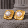 Wholesale Women's French Court Style Retro Square Titanium Steel Imitation Pearl Earrings With 18K Gold Plated Geometric Design