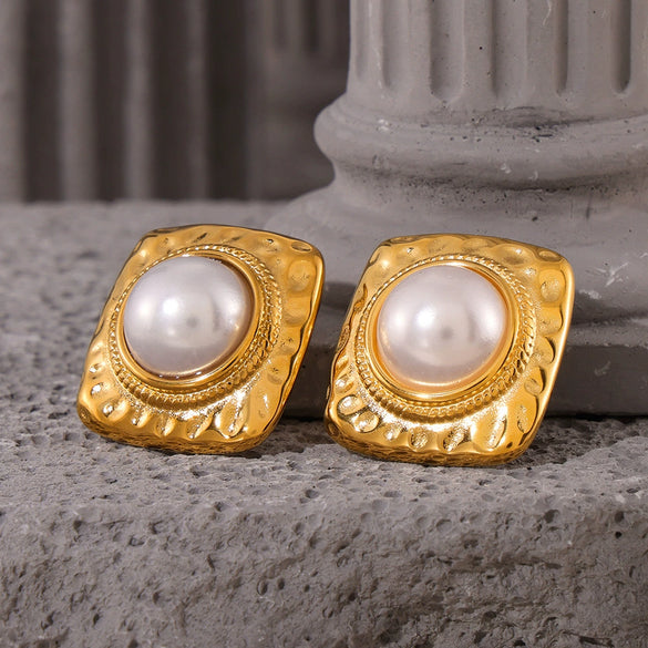 Wholesale Women's French Court Style Retro Square Titanium Steel Imitation Pearl Earrings With 18K Gold Plated Geometric Design