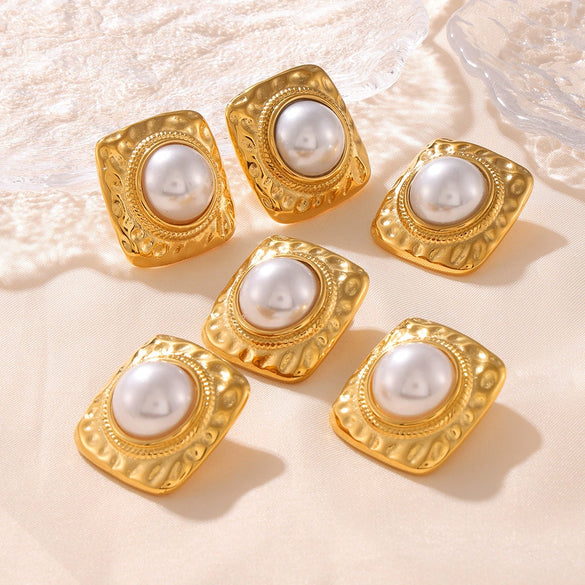 Wholesale Women's French Court Style Retro Square Titanium Steel Imitation Pearl Earrings With 18K Gold Plated Geometric Design