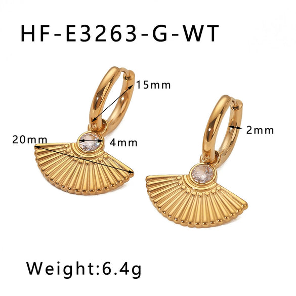 Wholesale Women's French Retro Fan Shaped Fishtail Earrings In Stainless Steel With 18K Gold Plated Geometric And Leaf Pattern
