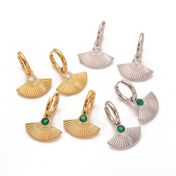 Wholesale Women's French Retro Fan Shaped Fishtail Earrings In Stainless Steel With 18K Gold Plated Geometric And Leaf Pattern
