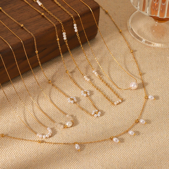 Wholesale Women's French Retro Freshwater Pearl Beaded Stainless Steel Clavicle Chain With Geometric Pattern And Electroplating