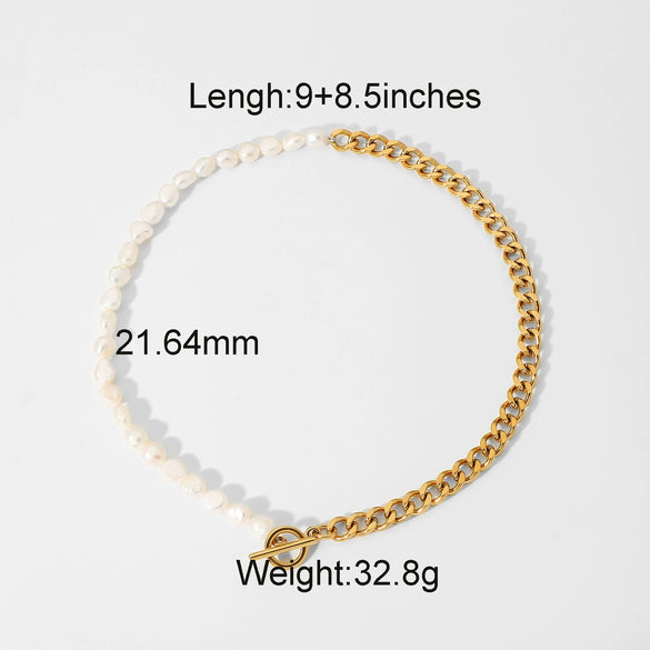 Wholesale Women's French Retro Freshwater Pearl Necklace Stainless Steel Titanium Steel Cuban Chain Electroplating Jewelry