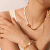 Wholesale Women's French Retro Freshwater Pearl Necklace Stainless Steel Titanium Steel Cuban Chain Electroplating Jewelry