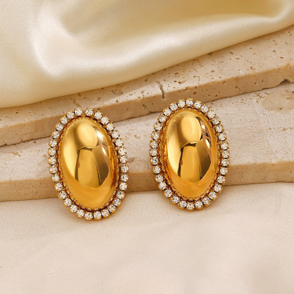 Wholesale Women's French Retro Geometric Stainless Steel Oval Full Diamond Earrings With Smooth Polished And Electroplating Treatment