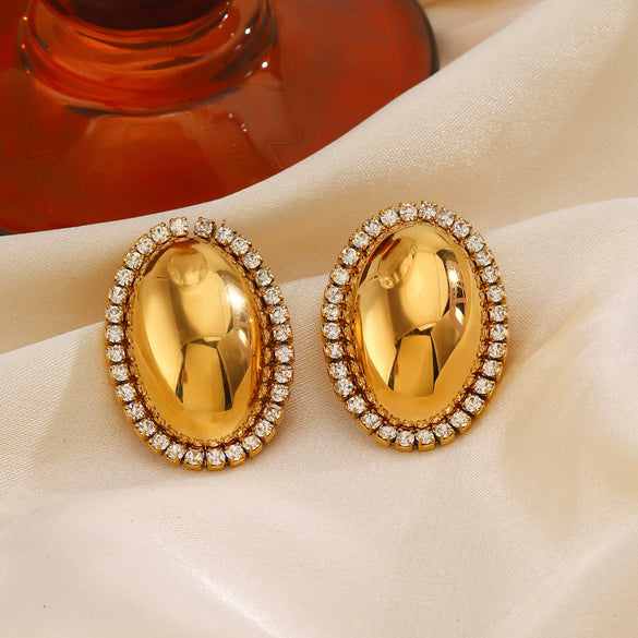 Wholesale Women's French Retro Geometric Stainless Steel Oval Full Diamond Earrings With Smooth Polished And Electroplating Treatment