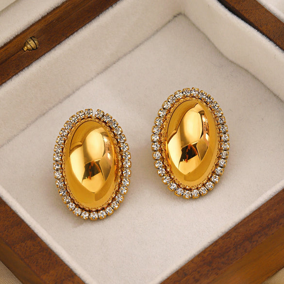 Wholesale Women's French Retro Geometric Stainless Steel Oval Full Diamond Earrings With Smooth Polished And Electroplating Treatment