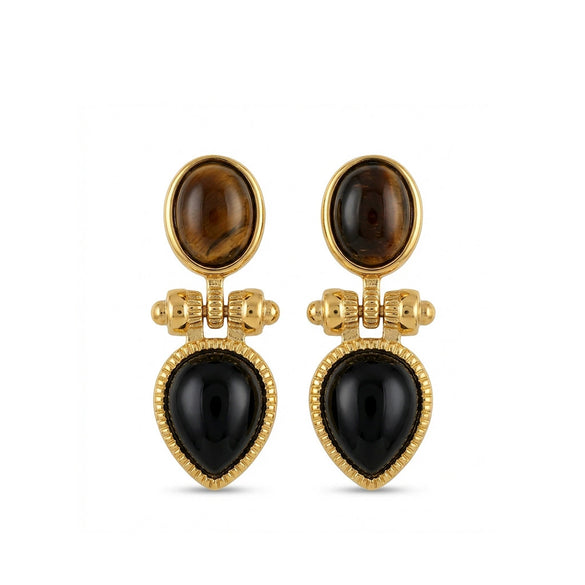 Wholesale Women's French Retro Geometric Titanium Steel Electroplated Dangle Earrings With Tiger's Eye And Sky Blue Stone