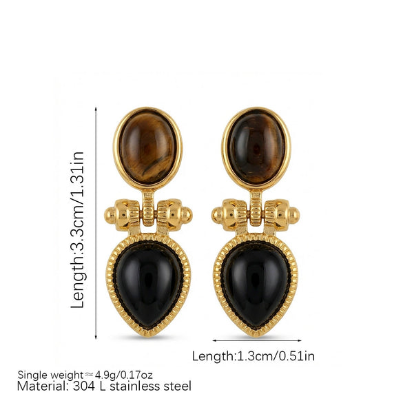 Wholesale Women's French Retro Geometric Titanium Steel Electroplated Dangle Earrings With Tiger's Eye And Sky Blue Stone