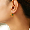 Wholesale Women's French Retro Green Glass Hollow Gold Earrings 316L Stainless Steel Plated True Gold Niche Geometric Design