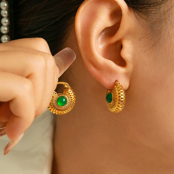 Wholesale Women's French Retro Green Glass Hollow Gold Earrings 316L Stainless Steel Plated True Gold Niche Geometric Design